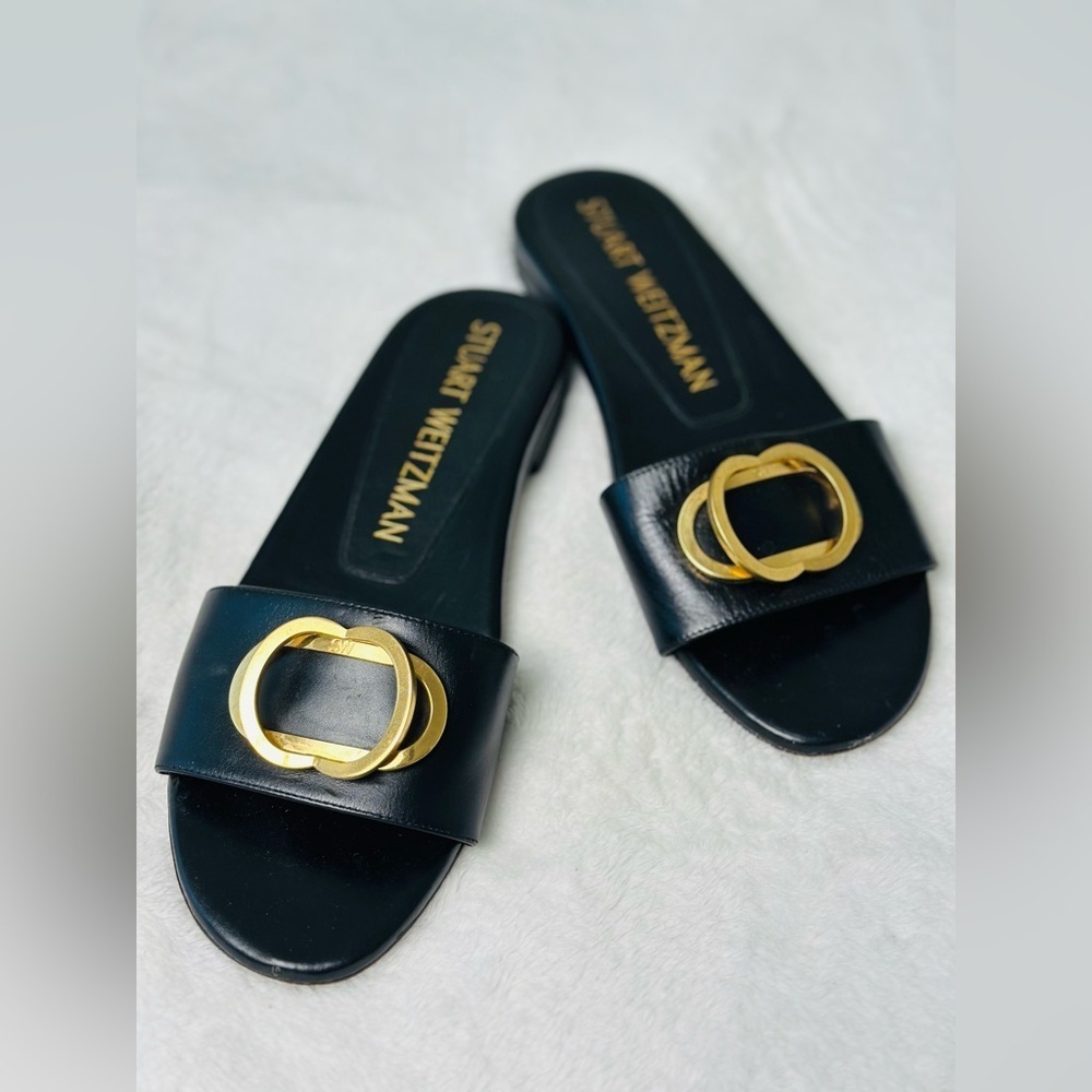 Stuart Weitzman Caicos Black Slide Sandals with Gold Accent - Picture 1 of 5